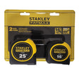 Two Stanley FATMAX tape measures in black and yellow, 25 feet and 16 feet lengths, packaged set of two.