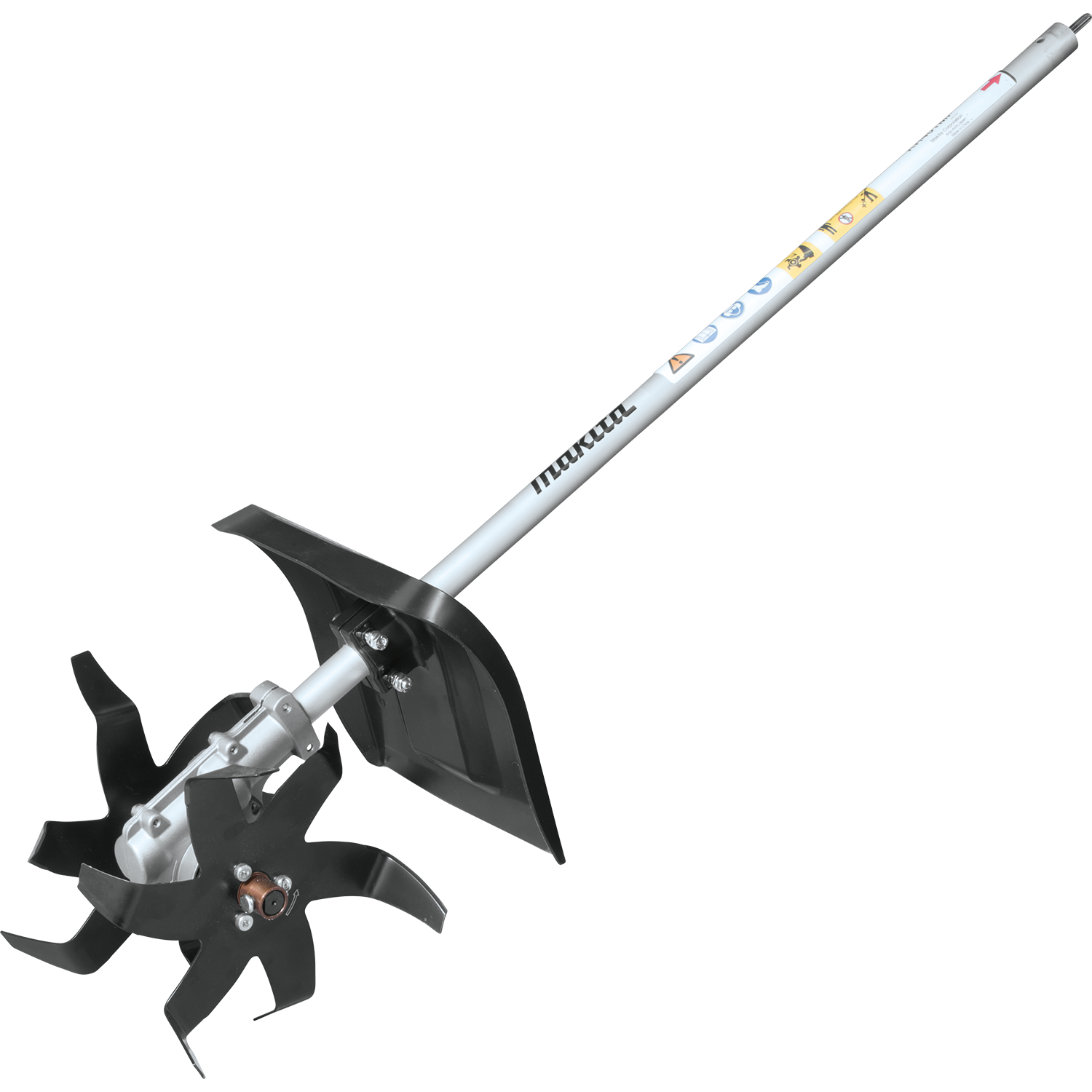 Makita KR401MP cultivator attachment with six steel blades and compact design for tight planting spaces