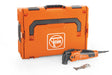 Orange FEIN MultiMaster MM500 Plus oscillating tool with power cord, carrying case, and multi-function blade accessory