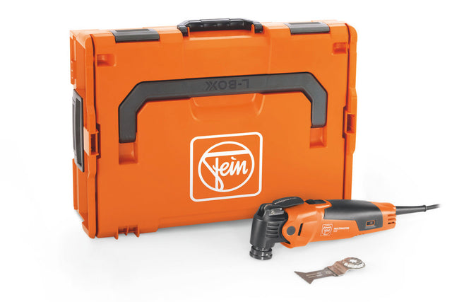 Orange FEIN MultiMaster MM500 Plus oscillating tool with power cord, carrying case, and multi-function blade accessory