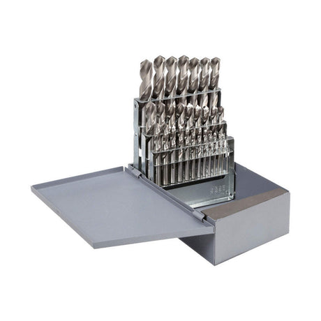 Set of 29 Chicago Latrobe drill bits in metal case, sizes 1/16 to 1/2 inch, organized and ready for use