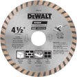 4-1/2 inch DeWalt high-performance diamond masonry blade for dry or wet cutting concrete, brick, block, and tile