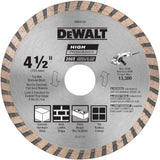 4-1/2 inch DeWalt high-performance diamond masonry blade for dry or wet cutting concrete, brick, block, and tile