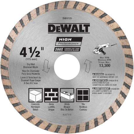 4-1/2 inch DeWalt high-performance diamond masonry blade for dry or wet cutting concrete, brick, block, and tile