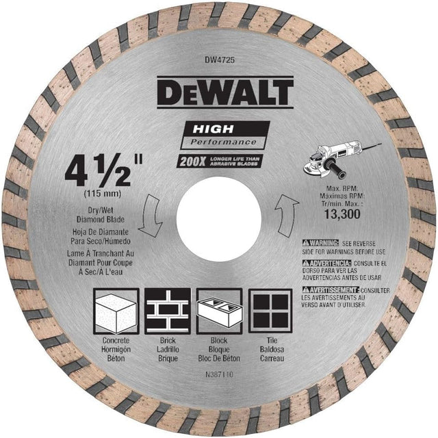 4-1/2 inch DeWalt high-performance diamond masonry blade for dry or wet cutting concrete, brick, block, and tile