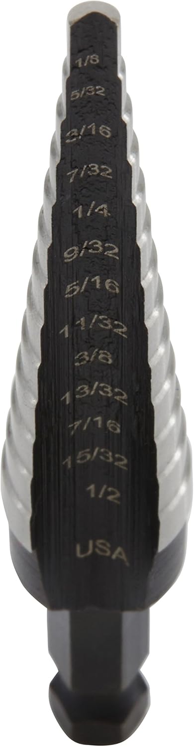 Step drill bit with engraved sizes from 1/8 to 1/2 inch, designed for drilling multiple hole diameters in thin materials