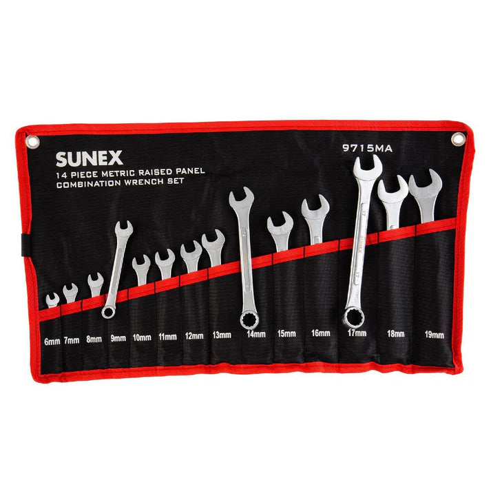 14-piece metric combination wrench set in fabric pouch, sizes 6mm to 19mm with 15-degree offset box end