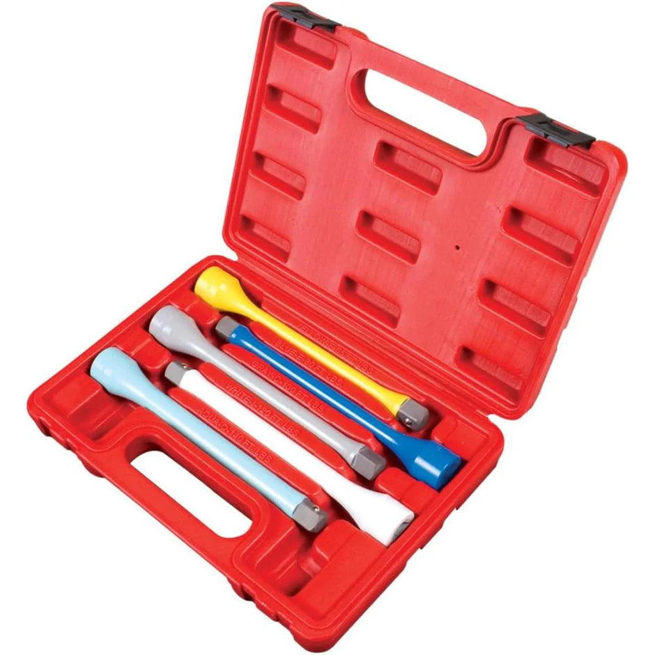 5-piece 1/2 inch drive torque extension bar set in red carrying case with color-coded bars for industry use