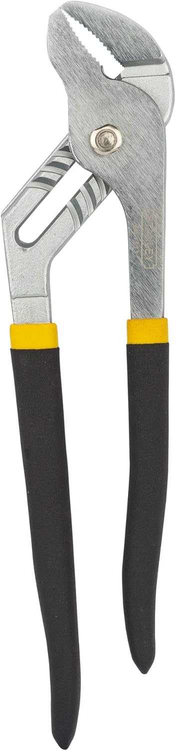 12-inch Stanley groove joint pliers with long hardened jaws, forged steel body, and rust-resistant finish, black yellow handles