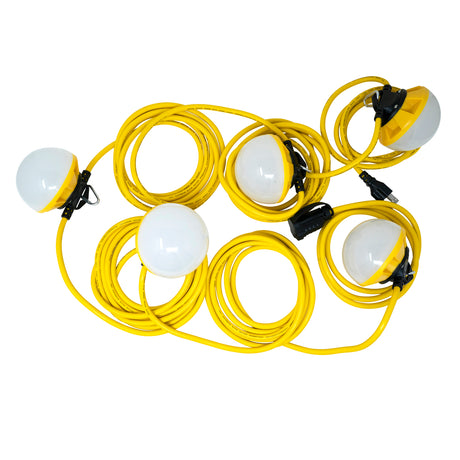 LED string lights with 5 heads, 1600 lumens each, yellow cords with suspension clips and NEMA 5-15R plug