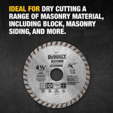 4-1/2 inch DeWalt diamond masonry blade for dry cutting block, siding, and various masonry materials with high performance design