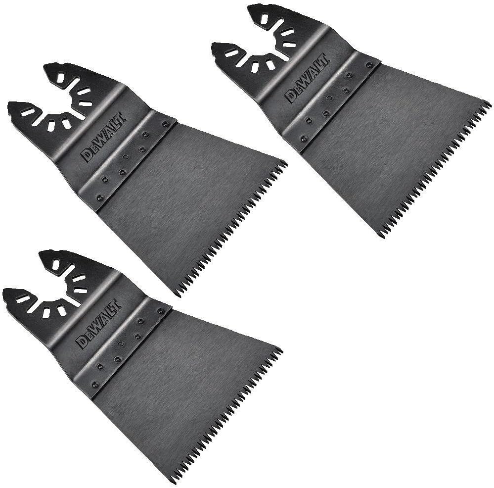Set of three Dewalt 2-1/2 inch oscillating saw blades with aggressive teeth for fast cuts in hardwoods