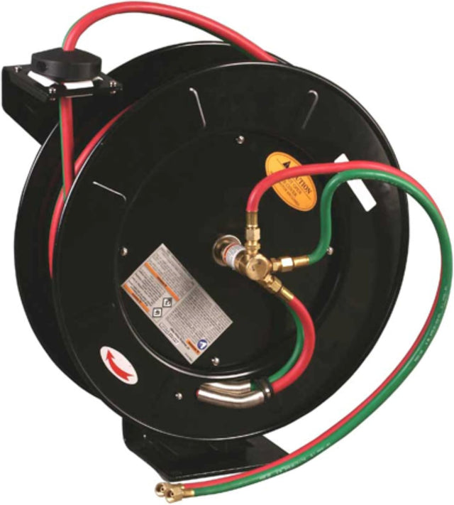 50ft welding hose reel with double neoprene hose, brass swivel, spring brake, compatible with oxygen and fuel gases