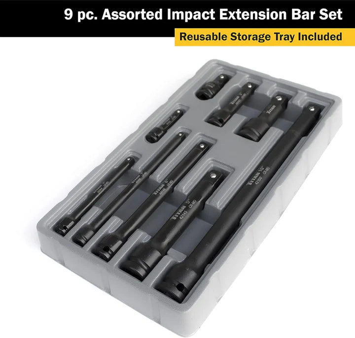 9-piece chrome-molybdenum impact extension bar set with 1/4, 3/8, and 1/2 inch drives in reusable storage tray