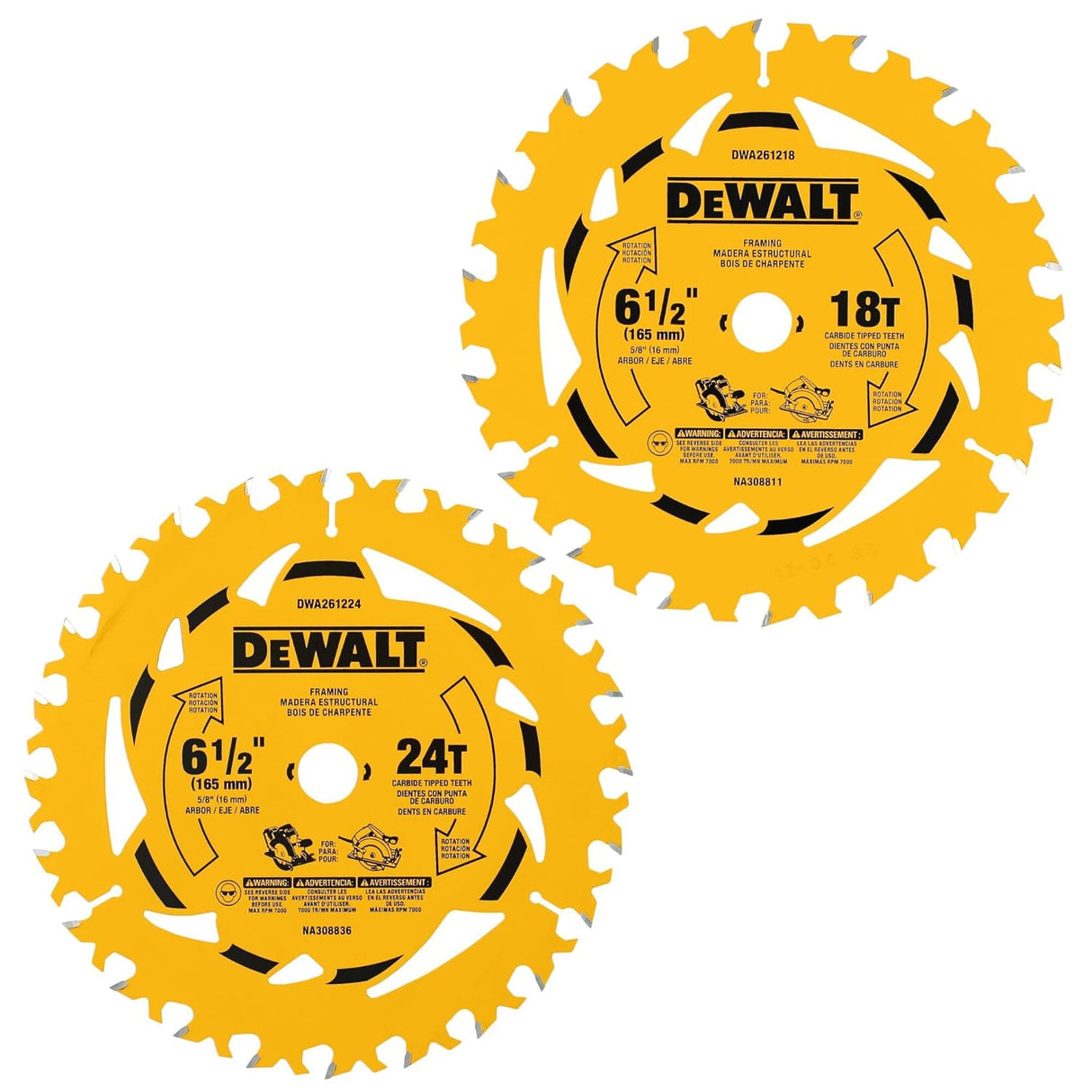 PAQUET DE 2 LAMES 6-1/2 18 ET 24 DENTS DEWALT DWA2612CMB