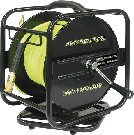 Manual air hose reel with 100ft 1/4 inch Arctic Flex hybrid polymer hose and crank handle in black frame