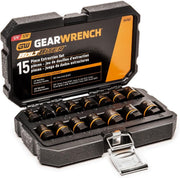 15-piece Gearwrench Bolt Biter extraction socket set with 1/4" and 3/8" drive sizes in durable case
