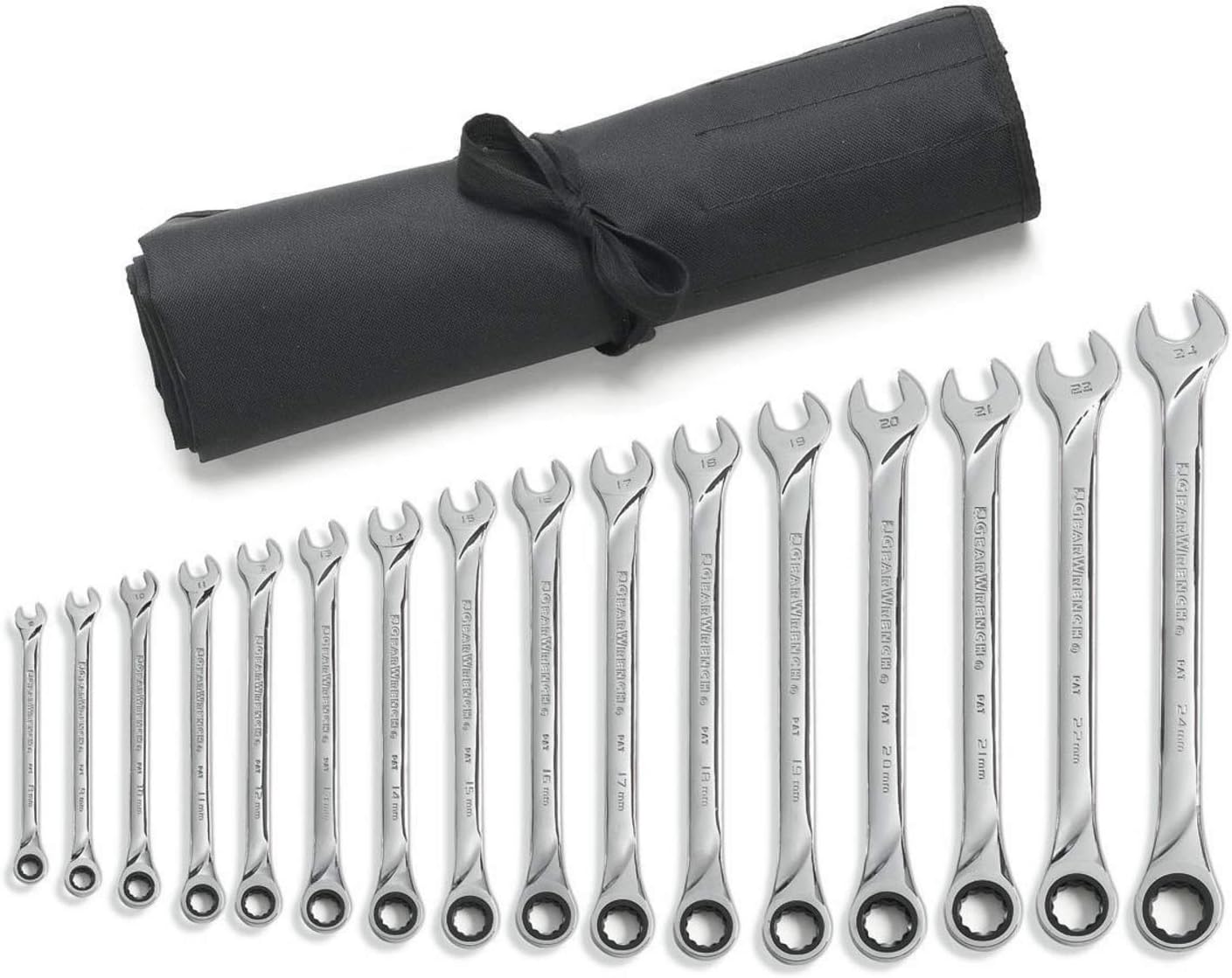 Metric ratcheting combination wrench set with open-end surface drive and 5-degree ratchet box end, rolled pouch included