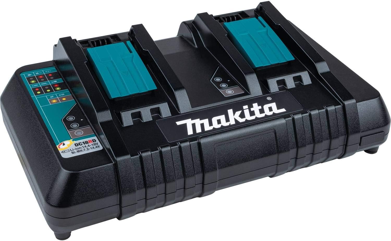 Black and teal Makita dual 18V battery charger with LED indicators for fast lithium-ion battery charging