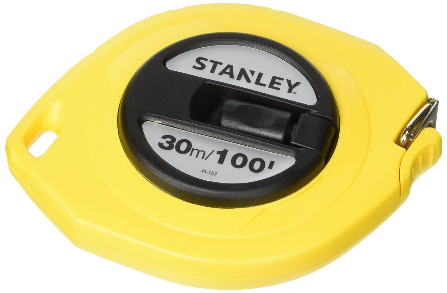 30m 100ft Stanley measuring tape with yellow impact-resistant ABS case and polymer-coated 3/8 inch blade