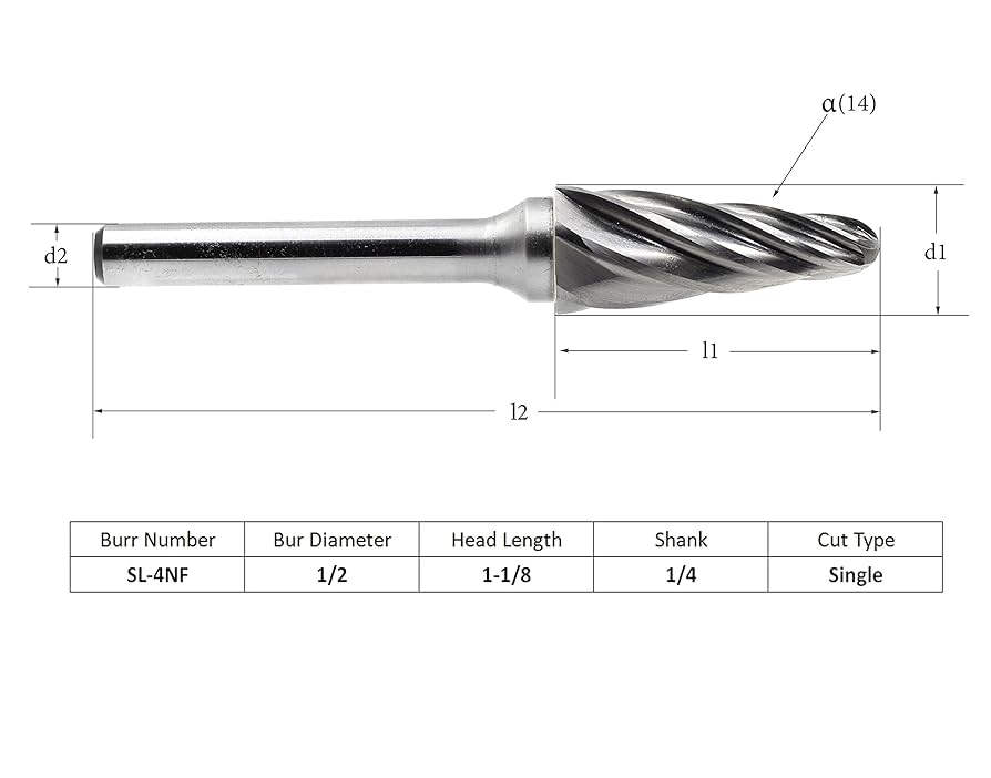 Fractional SL-4FM carbide burr with 1/2 inch diameter, 1-1/8 inch head length, 1/4 inch shank, single cut for aluminum