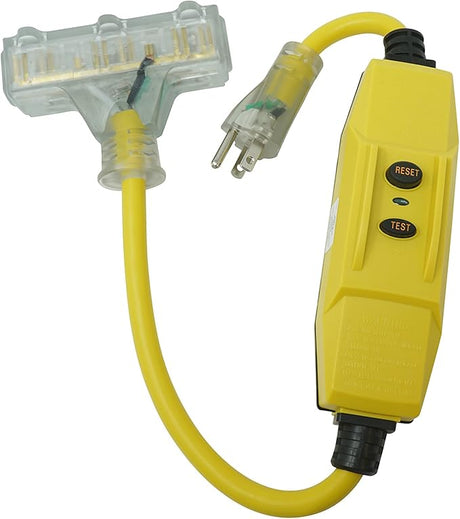 2-foot 15A yellow electric extension cord with triple GFCI protection and TRI-SOURCE outlet for multiple devices