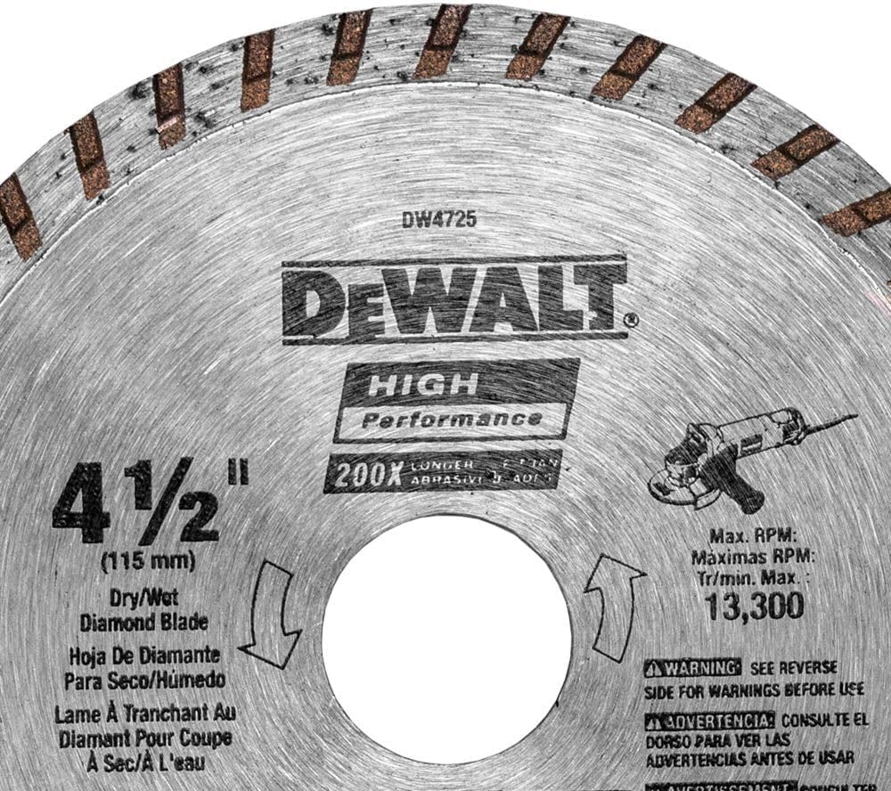 4-1/2 inch DEWALT high-performance diamond blade for dry and wet cutting with 13,300 max RPM capacity