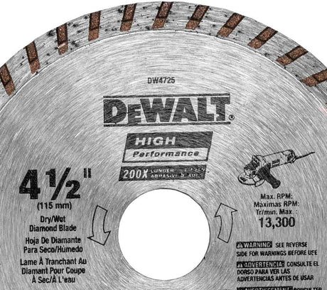 4-1/2 inch DEWALT high-performance diamond blade for dry and wet cutting with 13,300 max RPM capacity