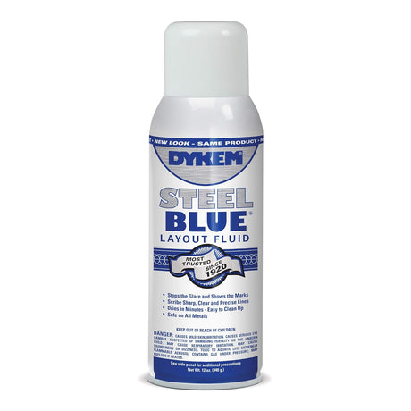 12oz aerosol can of Dykem Steel Blue layout fluid, fast-drying with anti-glare finish for metal marking