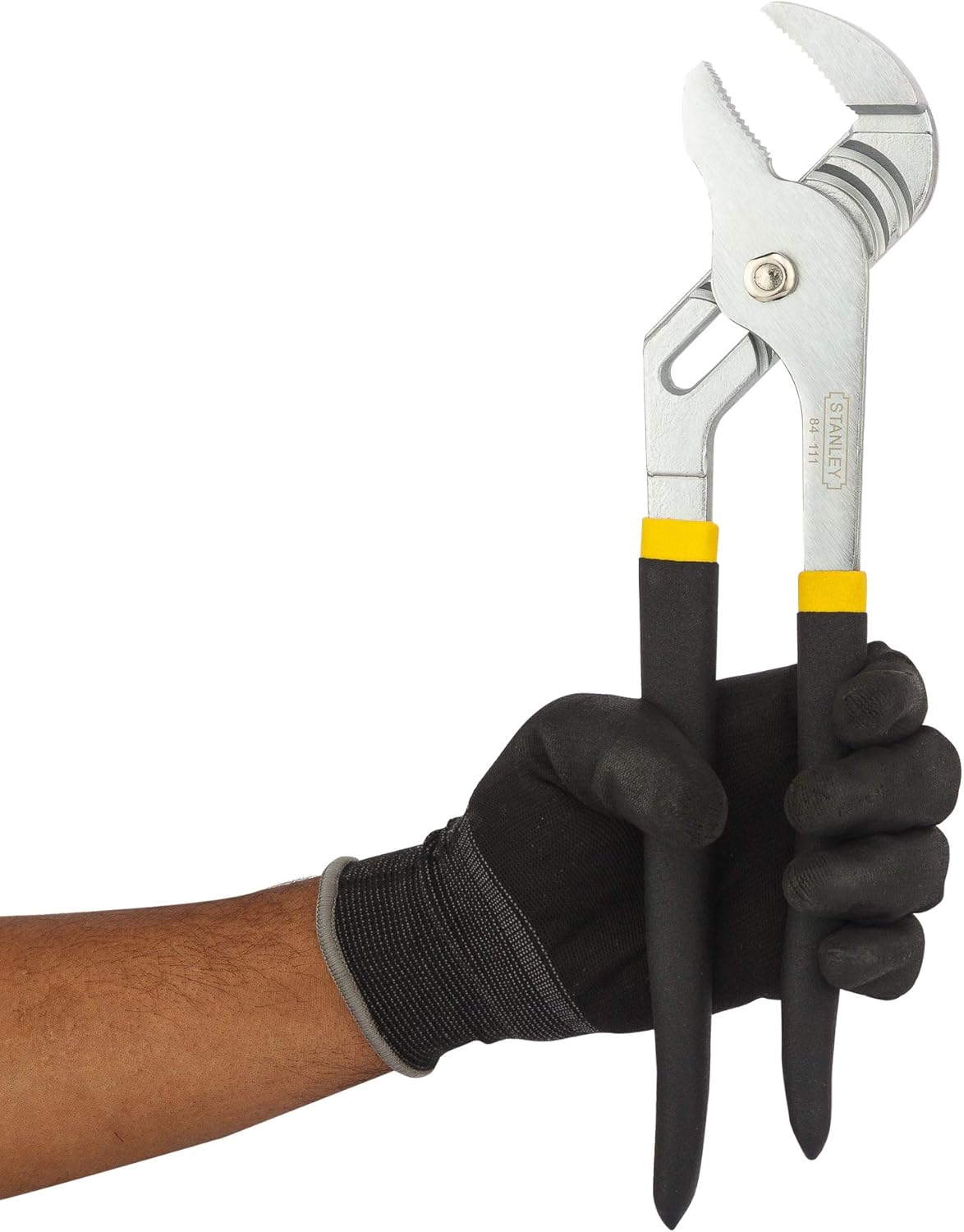 12-inch Stanley groove joint pliers with forged steel body, long hardened jaws, and anti-rust finish held by gloved hand
