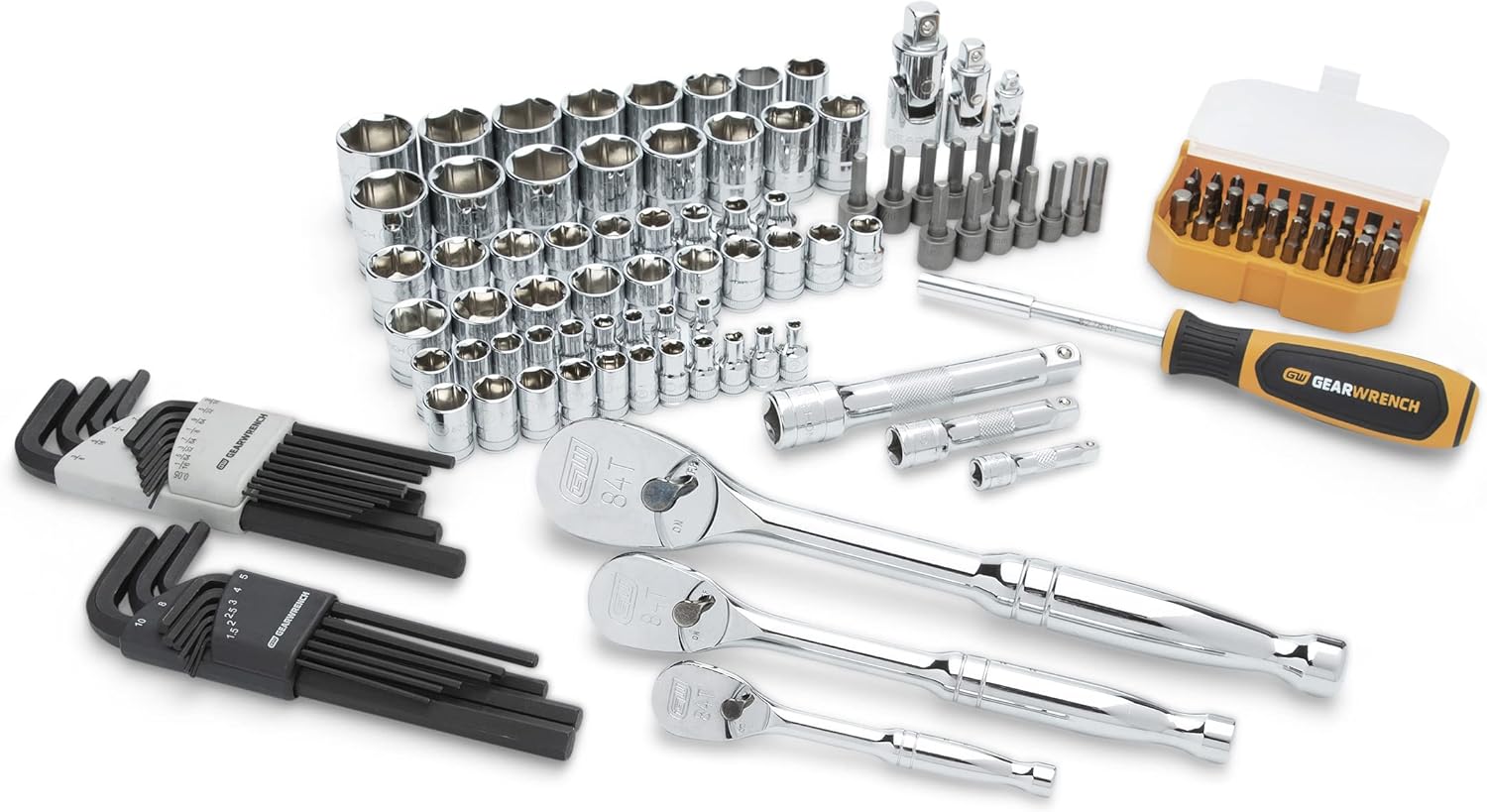 131-piece gearwrench socket set with 1/4, 3/8 & 1/2 ratchets, hex keys, screwdriver, and various bits