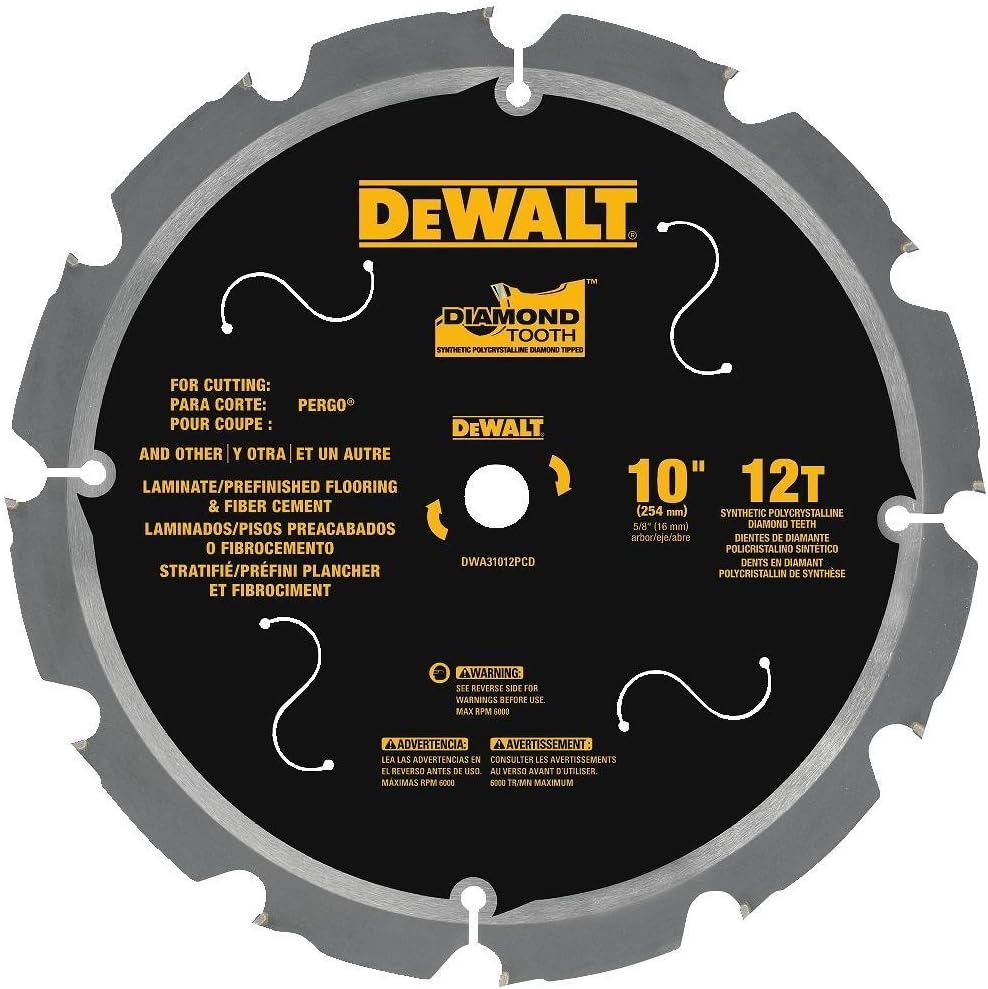 10-inch DeWalt circular saw blade with 12 synthetic polycrystalline diamond teeth for laminate and fiber cement cutting