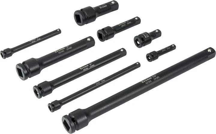 Set of 9 black chrome-molybdenum impact extensions in 1/4, 3/8, and 1/2 inch drive sizes and various lengths