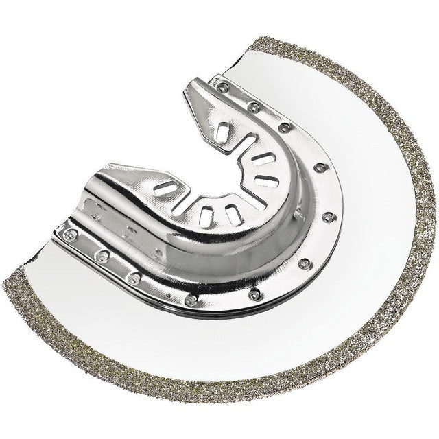 Half-moon oscillating carbide blade for DeWalt, compatible with major oscillating tool brands, effective material removal edge