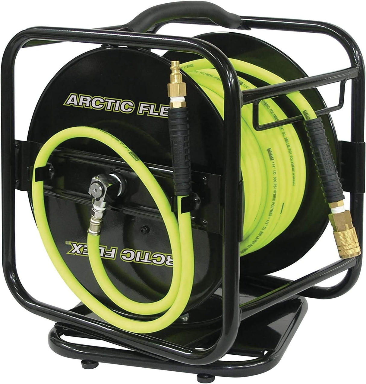 Manual 100-foot air hose reel with hybrid polymer hose, black metal frame, and brass fittings for workshop use