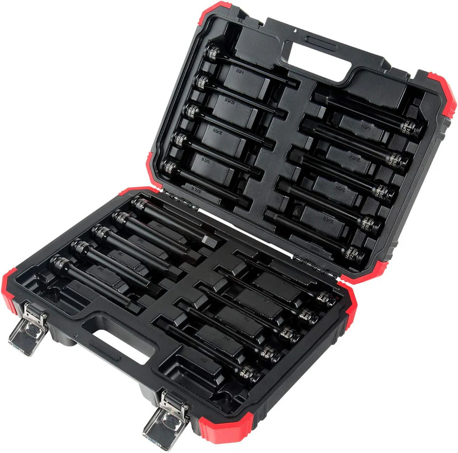 20-piece Sunex 2637L ½" drive long hex screwdriver socket set in black hard plastic carrying case with red accents