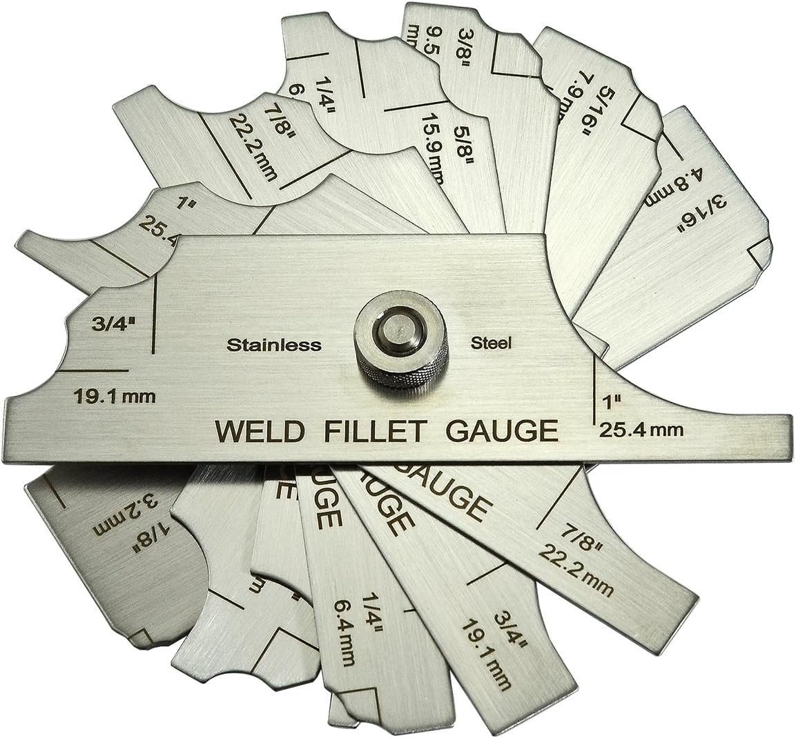 Stainless steel fillet weld gauge set with multiple measurement blades for precise weld size inspection and quality control