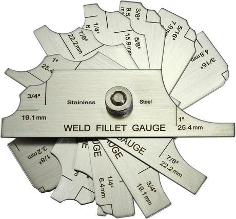 Stainless steel fillet weld gauge set with multiple measurement blades for precise weld size inspection and quality control