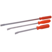 Set of 3 forged alloy steel pry bars with corrosion-resistant finish and orange acetate handles, sizes 13", 18-1/4", 24-1/4