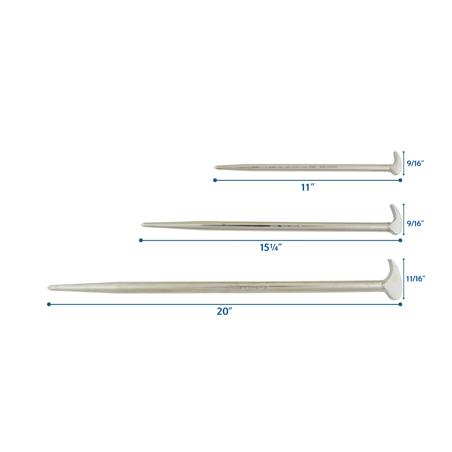 Set of three rounded head levers in sizes 11", 15-1/4", and 20", nickel-finished alloy steel, corrosion-resistant
