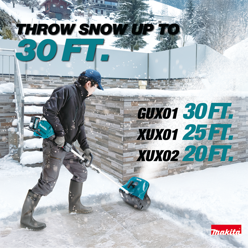 Operator using Makita SN400MP snow blower attachment on icy stairs with snowy landscape background