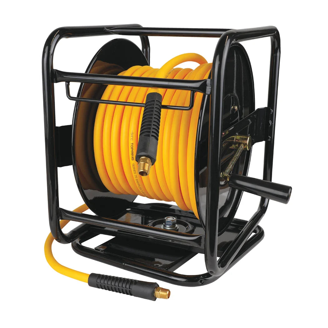 Manual hose reel with 1/4 inch yellow hose, sturdy black steel frame, and ergonomic winding handle for indoor use