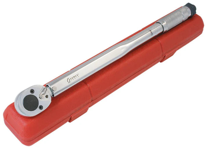 1/2 inch torque wrench 20-150 ft-lb with CR-MO ratchet gears and nickel-chrome matte handle in red plastic case