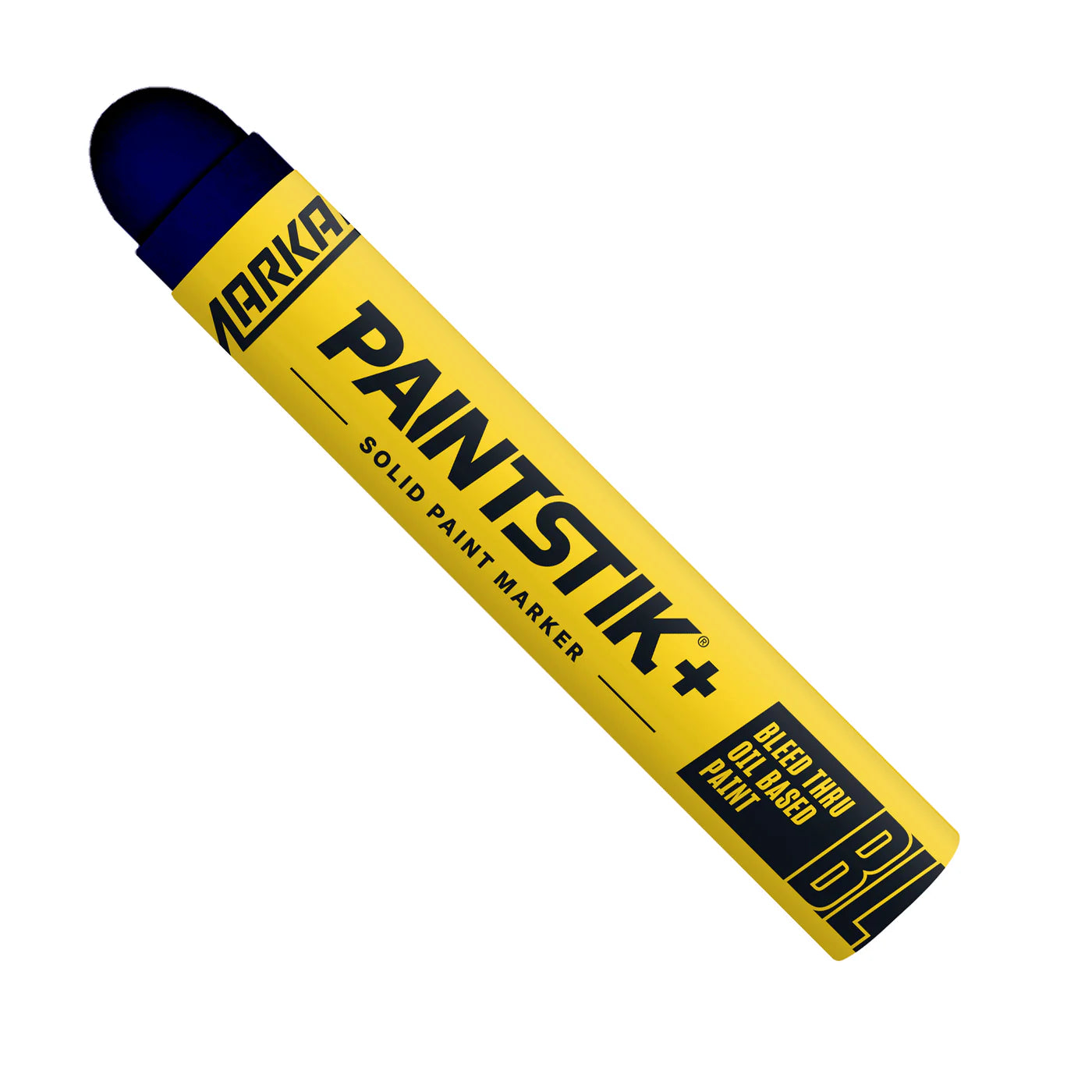 Blue solid paint marker with yellow body, designed for bleed-thru on oil and solvent-based coatings and paints