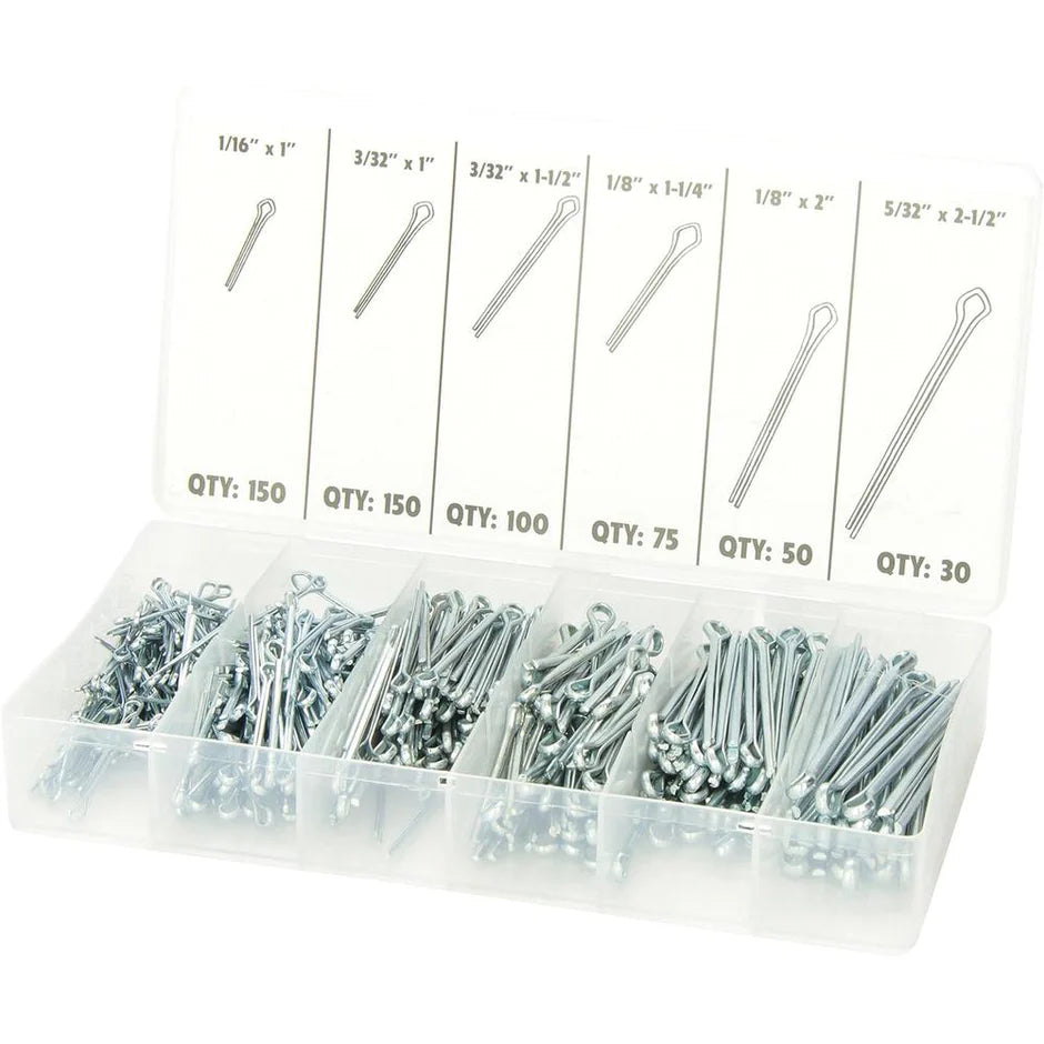 555-piece assorted cotter pin set with six sizes, organized in clear plastic storage case for easy access and durability