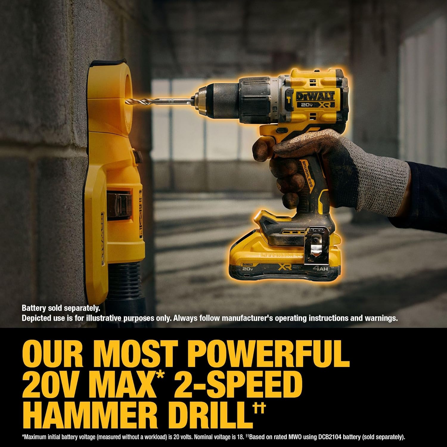Cordless 20V max brushless hammer drill with 1/2 inch chuck held by gloved hand in construction setting