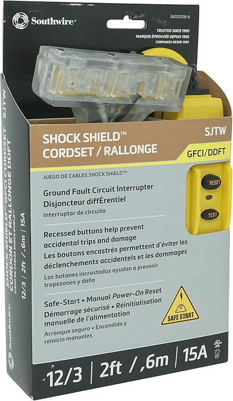 2-foot 12/3 gauge extension cord with 15A GFCI breaker, recessed reset and test buttons for safety compliance
