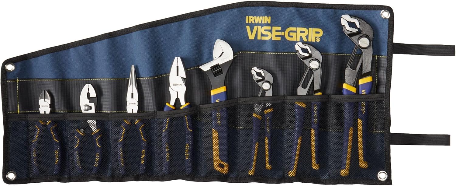 8-piece Irwin Vise-Grip plier set with GrooveLock Press-n-Slide button and ProTouch non-slip handles in blue carrying pouch