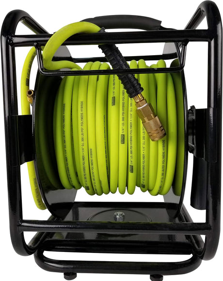 Manual air hose reel with 100ft hybrid polymer hose, brass coupler, and black steel frame for workshop use