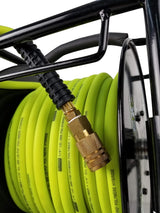 Manual air hose reel with 100ft hybrid polymer hose and brass quick-connect fitting on black steel frame